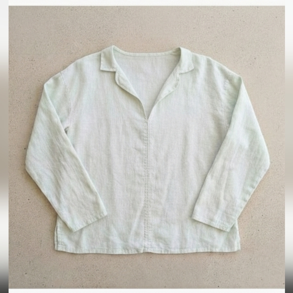 Vintage 90s Minimalist Sea Foam Linen Collared Top Quiet Luxury Coastal